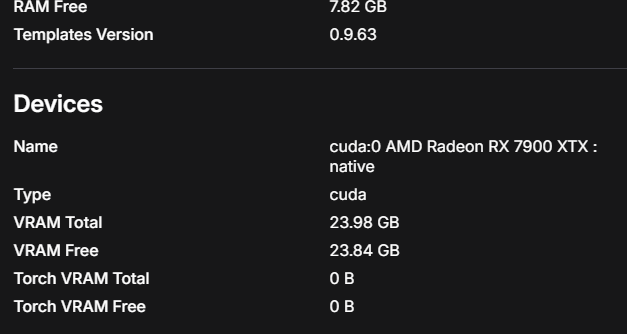 ComfyUI Desktop System-Information mit AMD Radeon RX 7900 XTX als cuda:0 erkannt