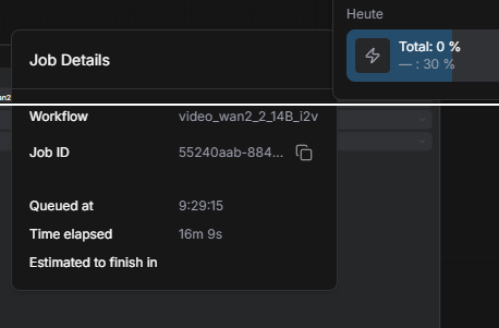 ComfyUI Job-Queue zeigt Wan 2.2 14B Render hängt bei 30 Prozent nach 16 Minuten