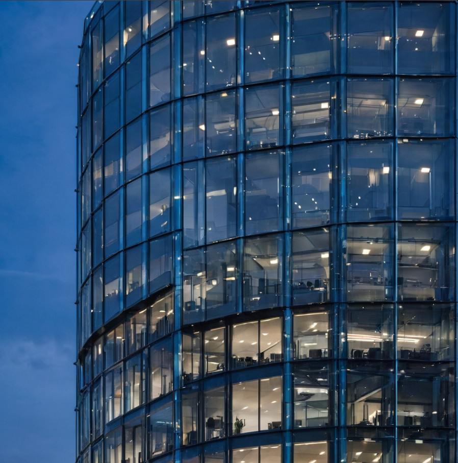 RealVisXL V5.0 generiertes Bild eines London Office Buildings bei Blue Hour