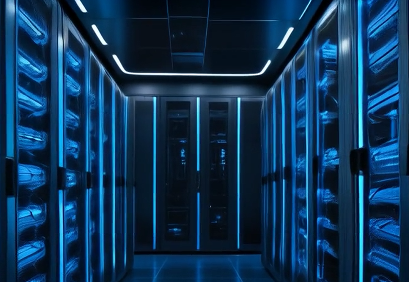 RealVisXL T2I-Generation eines futuristischen AI Server Rooms mit blauem Glow
