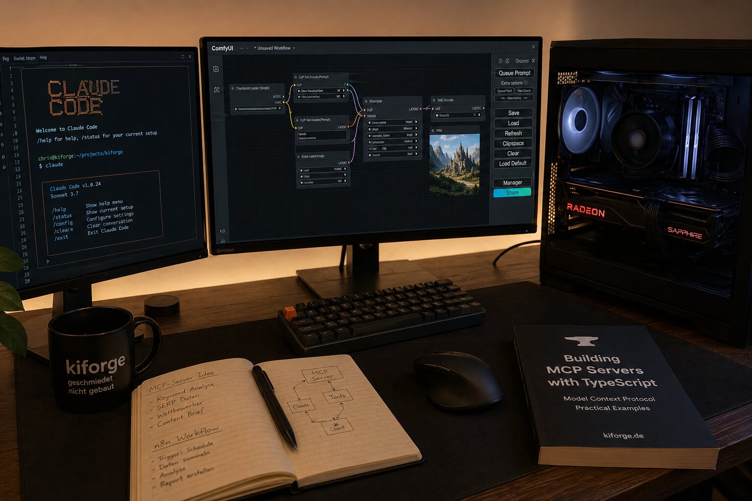 Schreibtisch-Setup: Claude Code im Terminal, ComfyUI-Workflow, AMD Radeon-Build, Kaffeetasse, Notebook mit MCP-Server-Skizze